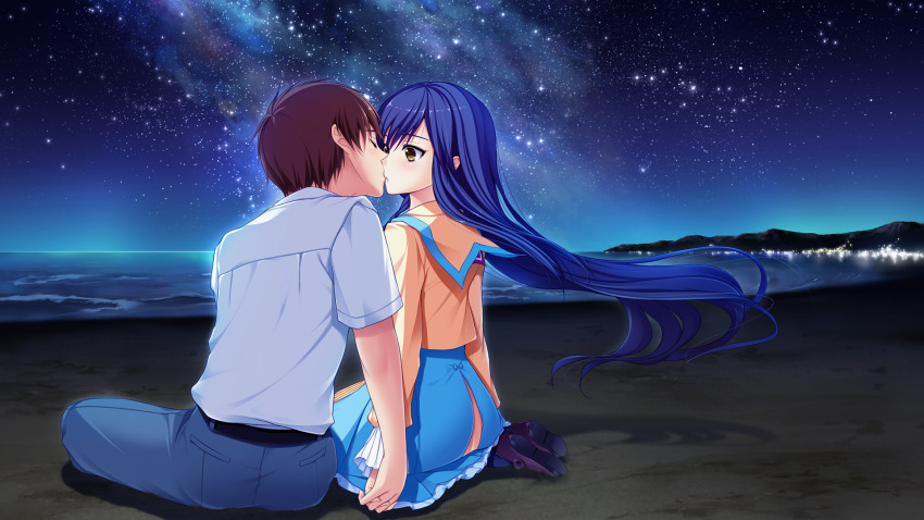 1boy, 1girl, beach, belt, black_belt, blue_hair, blue_legwear, blue_skirt