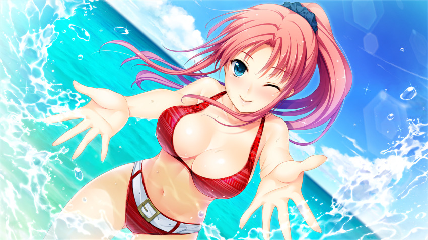 1girl, ;), belt, belt_buckle, bikini, blue_eyes, blue_scrunchie, blue_sky, blurry, blurry_background, bouncing_breasts, breasts, buckle, cleavage, closed_mouth, cloud, collarbone, day, dutch_angle, floating_hair, game_cg, gluteal_fold, hair_between_eyes, hair_ornament, hair_scrunchie, highres, hoshi_ori_yume_mirai, iizuki_tasuku, large_breasts, long_hair, looking_at_viewer, navel, ocean, one_eye_closed, outdoors, pink_hair, ponytail, red_bikini, scrunchie, segawa_natsuki, sky, smile, solo, splashing, summer, swimsuit, thigh_gap, very_long_hair, white_belt