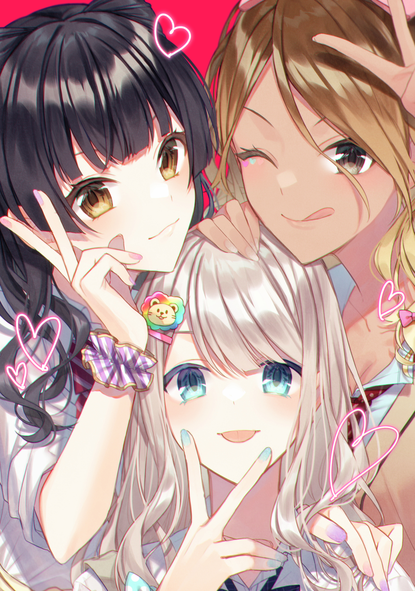 3girls, :p, ;q, absurdres, black_hair, blonde_hair, blunt_bangs, brown_hair