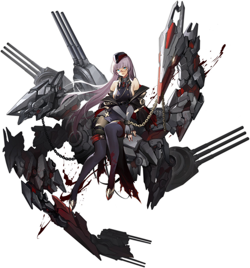 1girl, artist_request, azur_lane, bare_shoulders, black_headwear, blood, blood_stain, blue_eyes