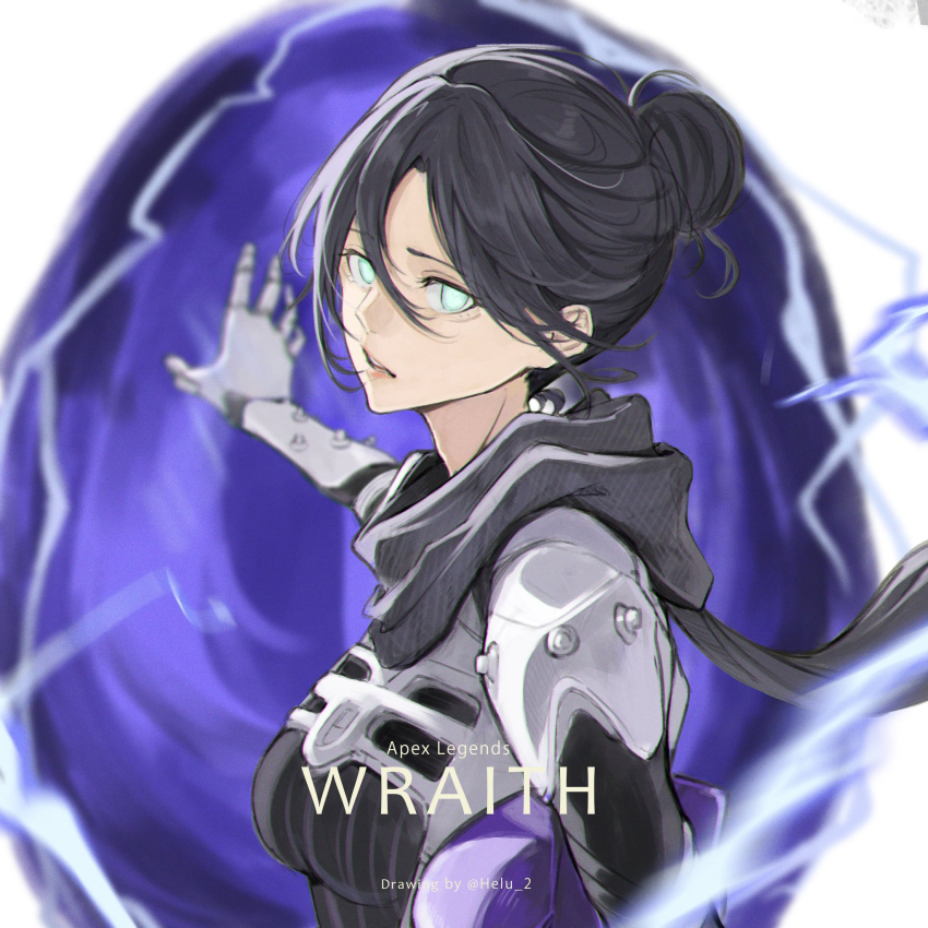 1girl, animification, apex_legends, black_bodysuit, black_hair, black_scarf, blue_eyes, bodysuit