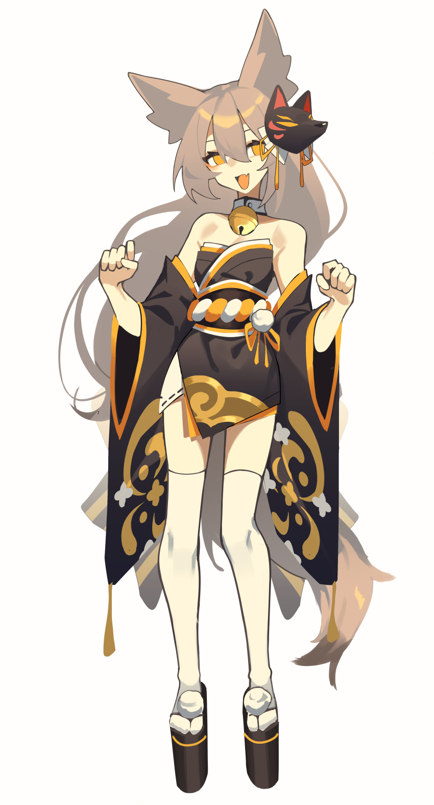 1girl, :d, absurdres, animal_ears, black_sleeves, clenched_hands, detached_sleeves, fang