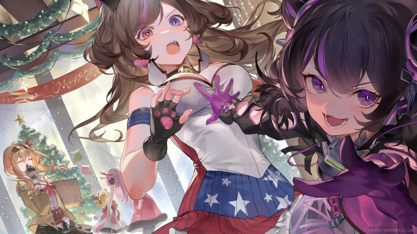 5girls, american_flag_dress, artist_request, black_hair, blonde_hair, blue_eyes, blush, breasts, brown_hair, christmas, cleavage, closed_eyes, dress, fingerless_gloves, g36_(every_child's_x'mas_dream)_(girls'_frontline), girls'_frontline, gloves, heterochromia, highres, kac-pdw_(girls'_frontline), kalina_(girls'_frontline), large_breasts, long_hair, looking_at_another, looking_at_viewer, medium_hair, mk23_(girls'_frontline), multicolored_hair, multiple_girls, ntw-20_(girls'_frontline), ntw-20_(xmas_reindeer)_(girls'_frontline), official_alternate_costume, official_art, open_mouth, orange_hair, pink_hair, purple_hair, red_eyes, sidelocks, smile, streaked_hair, sweatdrop, very_long_hair