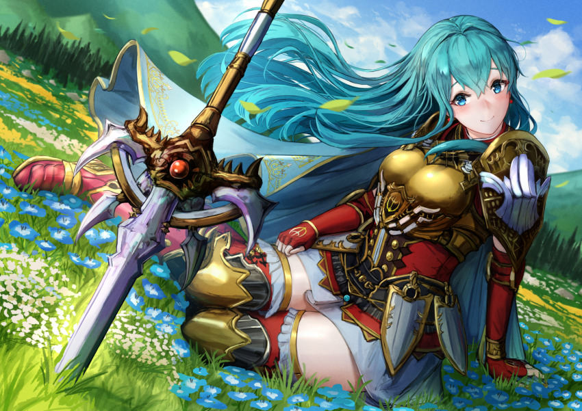 1girl, aqua_hair, armor, armored_boots, blue_eyes, blush, boots, breastplate, cloud, day, earrings, eirika_(fire_emblem), eirika_(graceful_resolve)_(fire_emblem), elbow_gloves, falling_leaves, fingerless_gloves, fire_emblem, fire_emblem:_the_sacred_stones, fire_emblem_heroes, gloves, grass, ippers, jewelry, leaf, long_hair, looking_at_viewer, mountainous_horizon, nintendo, official_alternate_costume, outdoors, planted, planted_sword, planted_weapon, red_boots, red_gloves, seiza, sitting, skirt, sky, smile, solo, sword, weapon, white_skirt, wind, yokozuwari