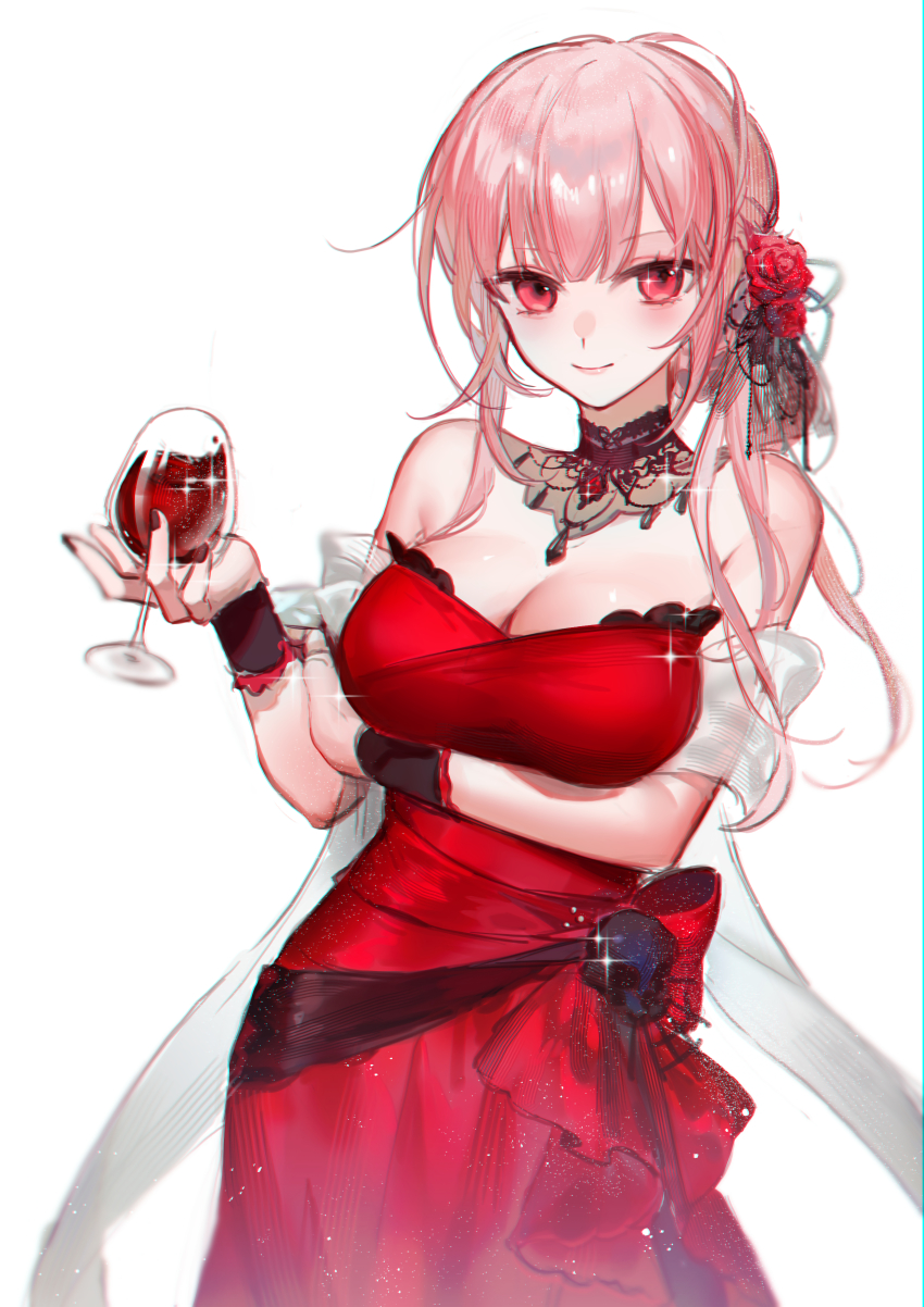 1girl, absurdres, alcohol, arm_under_breasts, bare_shoulders, bow, breasts, cleavage