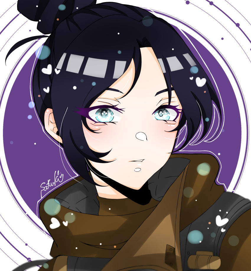 1girl, airship_assassin_wraith, animification, apex_legends, artist_name, bad_id, bad_pixiv_id, black_hair, blue_eyes, brown_jacket, hair_behind_ear, hair_bun, head_tilt, heart, highres, jacket, looking_at_viewer, parted_bangs, parted_lips, portrait, sakuratsuki_(sa_0727_), single_hair_bun, solo, wraith_(apex_legends)