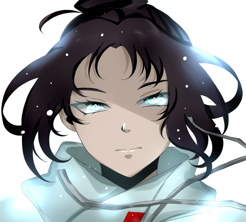 1girl, absurdres, animification, apex_legends, bad_id, bad_pixiv_id, black_hair, drawstring, expressionless, floating_hair, glowing, glowing_eyes, head_tilt, highres, light_particles, looking_at_viewer, parted_bangs, portrait, quarantine_722_wraith, sakuratsuki_(sa_0727_), solo, white_background, wraith_(apex_legends)