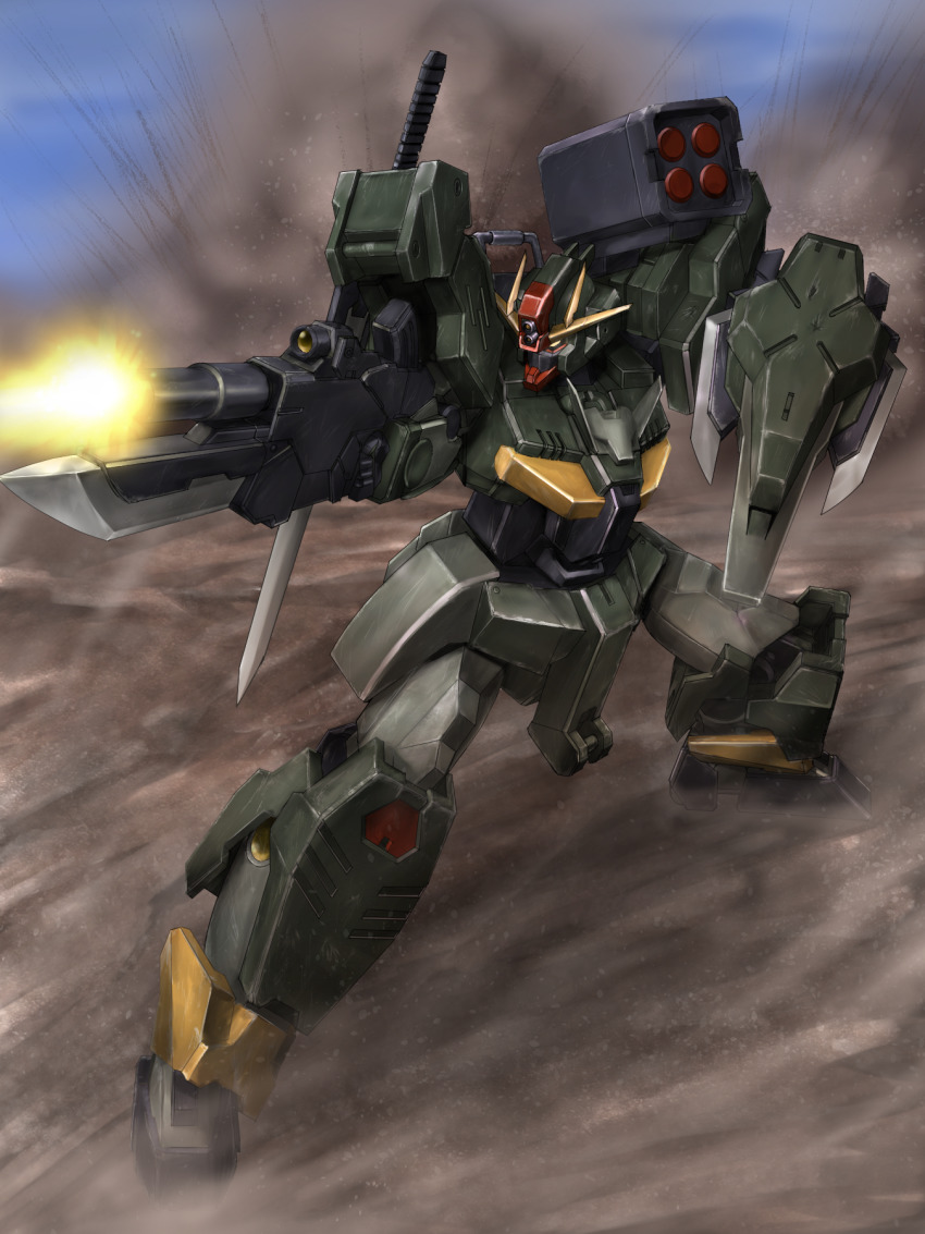 command_qan[t], dust, firing, glowing, glowing_eye, gun, gundam, gundam_breaker_battlogue, highres, holding, holding_gun, holding_shield, holding_weapon, looking_to_the_side, mecha, missile_pod, motion_blur, no_humans, robot, science_fiction, shield, shinryoku_tobari, solo, v-fin, weapon, yellow_eyes