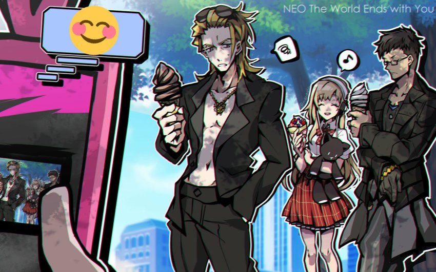 1girl, 3boys, abs, animal_print, black_jacket, black_pants, blonde_hair, blue_sky