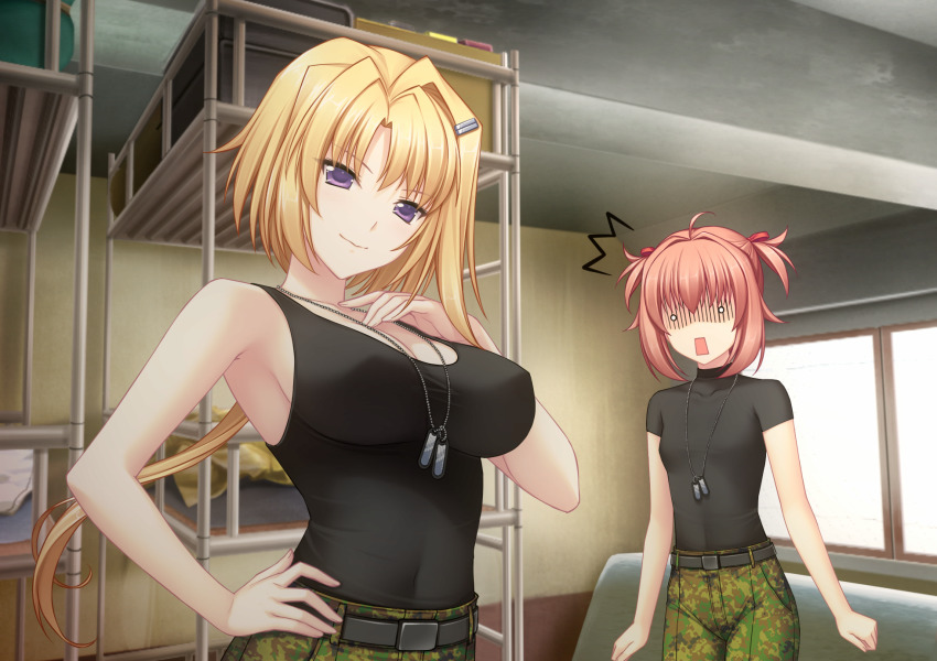 2girls, bed, black_shirt, black_tank_top, breasts, bunk_bed, camouflage, camouflage_pants