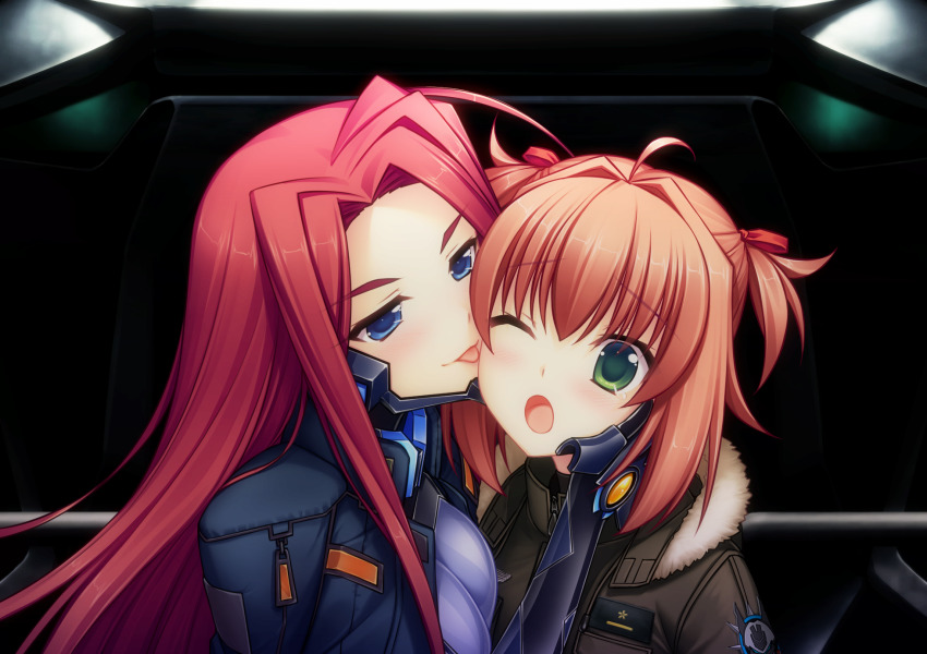 2girls, artist_request, blue_eyes, blue_jacket, blush, brown_jacket, fortified_suit, fur_trim