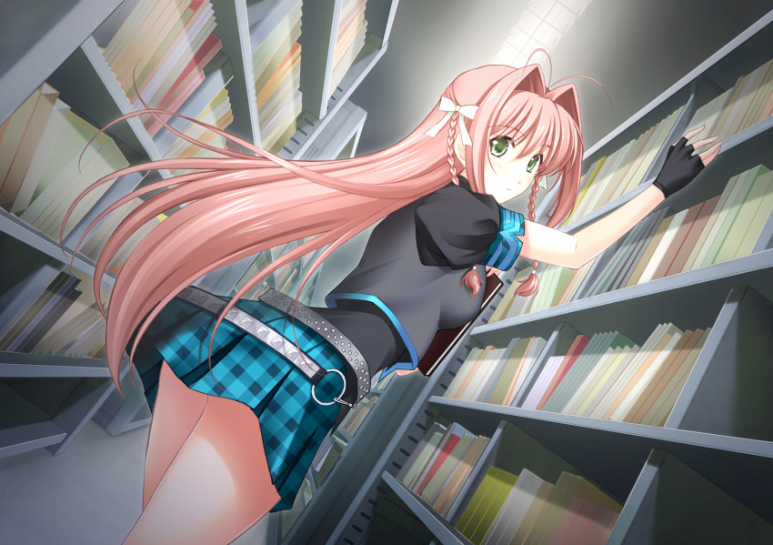 1girl, artist_request, black_gloves, black_jacket, black_skirt, blue_skirt, bow, braid