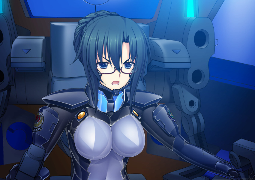 1girl, aqua_hair, artist_request, blue_eyes, breasts, cockpit, fortified_suit, game_cg