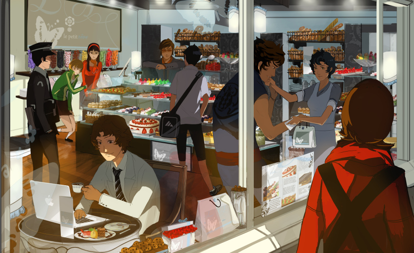 3girls, 6+boys, adidas, amagi_yukiko, amei, amei_zhao, apple_inc., atlus, bad_id, bad_pixiv_id, bakery, bread, bug, butterfly, cake, crossover, cup, demi-fiend, devil_summoner_(series), food, french_text, hat, headband, highres, insect, katsuya_suou, kuzunoha_raidou, macintosh, megami_tensei, multiple_boys, multiple_crossover, multiple_girls, narumi_shouhei, necktie, pastry, persona, persona_2, persona_2_batsu, persona_4, product_placement, satonaka_chie, shin_megami_tensei, shin_megami_tensei_iii:_nocturne, shop, slice_of_life, suou_katsuya, suou_tatsuya, tea, teacup, time_paradox, tsukigata_akane, tsukigata_dahn