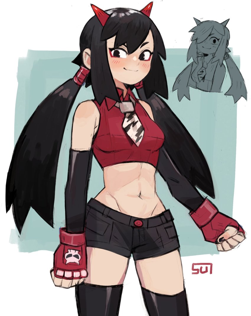 1girl, ayu_(sui_(suizilla)), bad_id, bad_twitter_id, bare_shoulders, black_eyes, black_hair, black_thighhighs