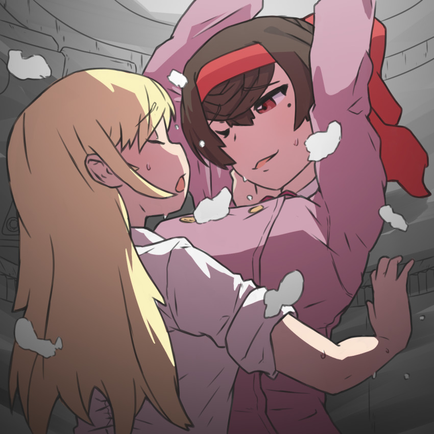 1futa, 1girl, blonde_hair, blush, bow, futa_with_female, futanari, girls_und_panzer