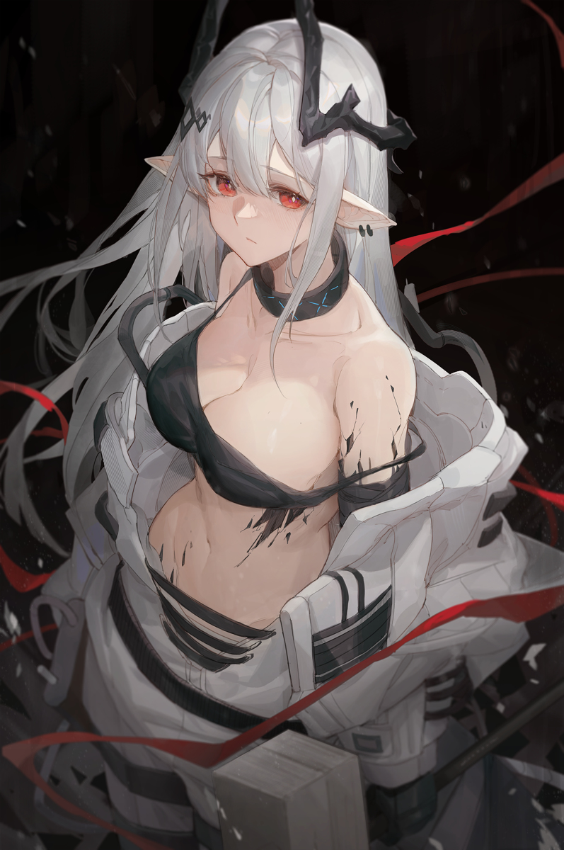 1girl, arknights, black_background, black_gloves, black_tank_top, breasts, bright_pupils, cleavage, collarbone, commentary, cracked_skin, eyebrows_hidden_by_hair, from_above, gloves, hair_between_eyes, hammer, highres, holding, holding_hammer, holding_weapon, horns, jumpsuit, kuroduki, light_blush, long_hair, looking_at_viewer, midriff, mudrock_(arknights), navel, off_shoulder, open_jumpsuit, pensive, pointy_ears, red_eyes, solo, standing, stomach, tank_top, tareme, upper_body, war_hammer, weapon, white_hair, white_jumpsuit, white_pupils