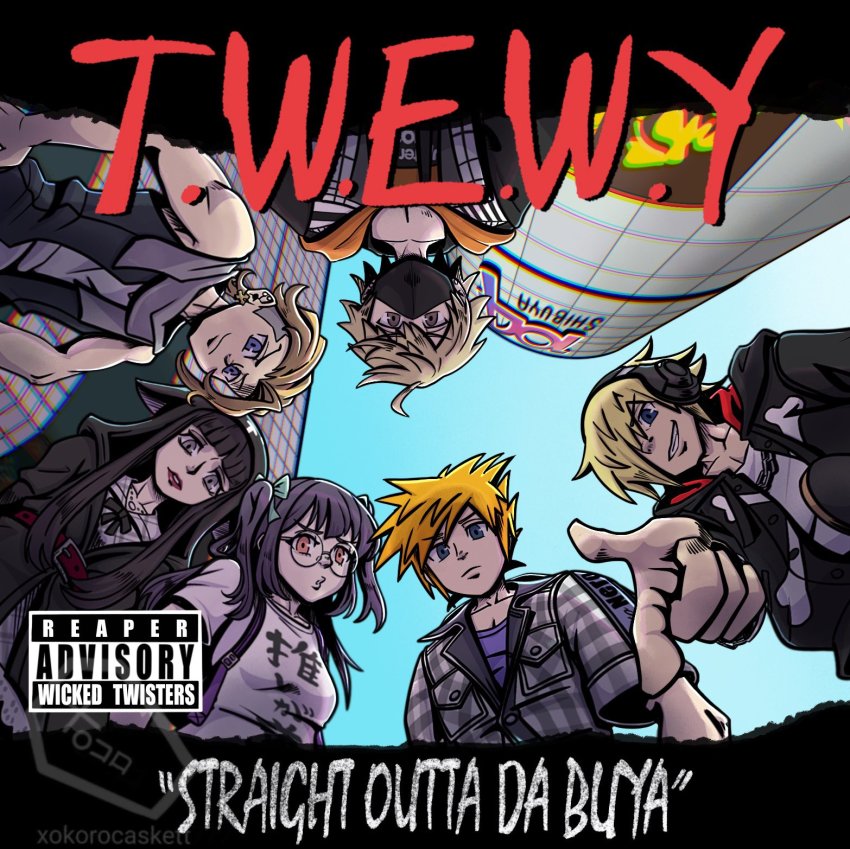 2girls, 4boys, album_cover, album_cover_redraw, backpack, bag, belt, bito_daisukenojo