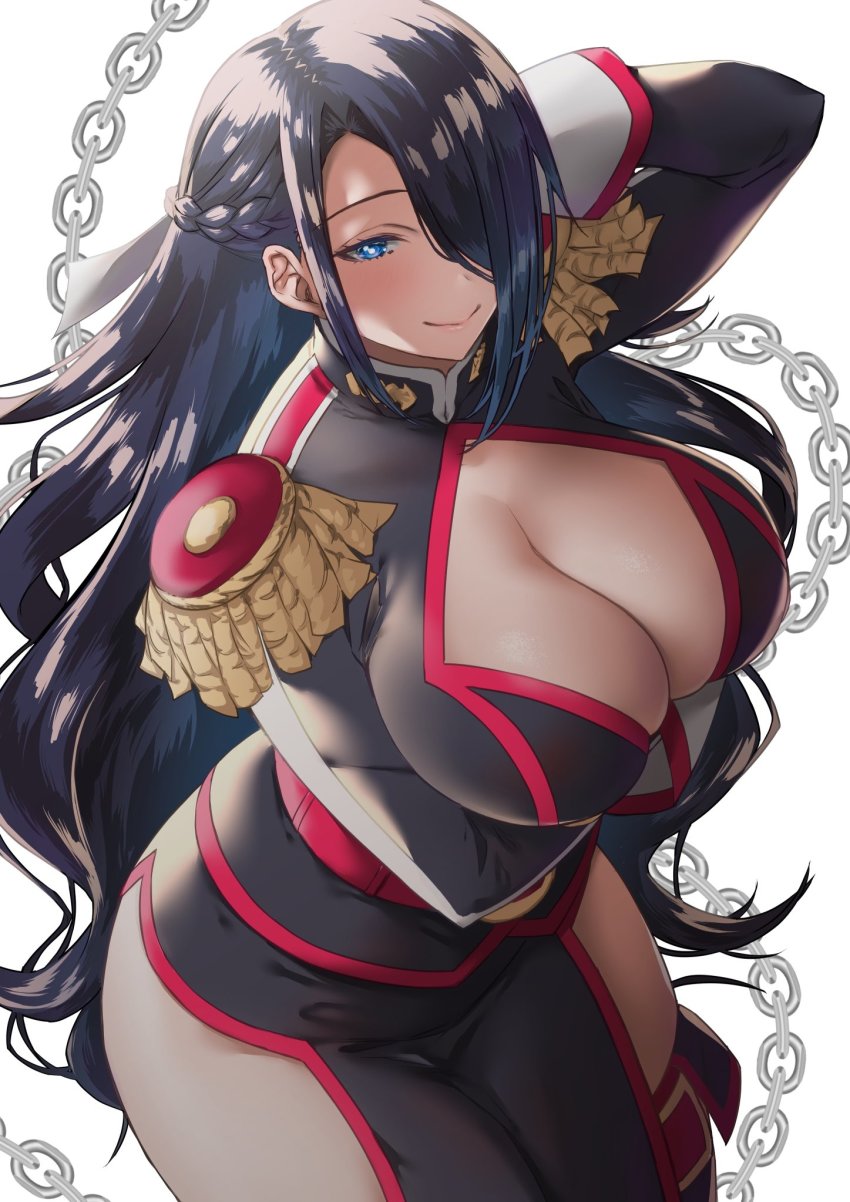 1girl, azuma_fubuki, black_hair, blue_eyes, blush, braid, breasts, chain, cleavage, clothing_cutout, commentary_request, epaulettes, hair_over_one_eye, half_up_braid, hand_up, highres, large_breasts, lips, long_hair, long_sleeves, looking_at_viewer, mato_seihei_no_slave, mature_female, morimoto_kiyona, shiny_skin, simple_background, smile, thighs, white_background