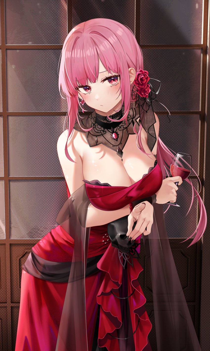 1girl, absurdres, black_nails, blush, breasts, cleavage, closed_mouth, cup