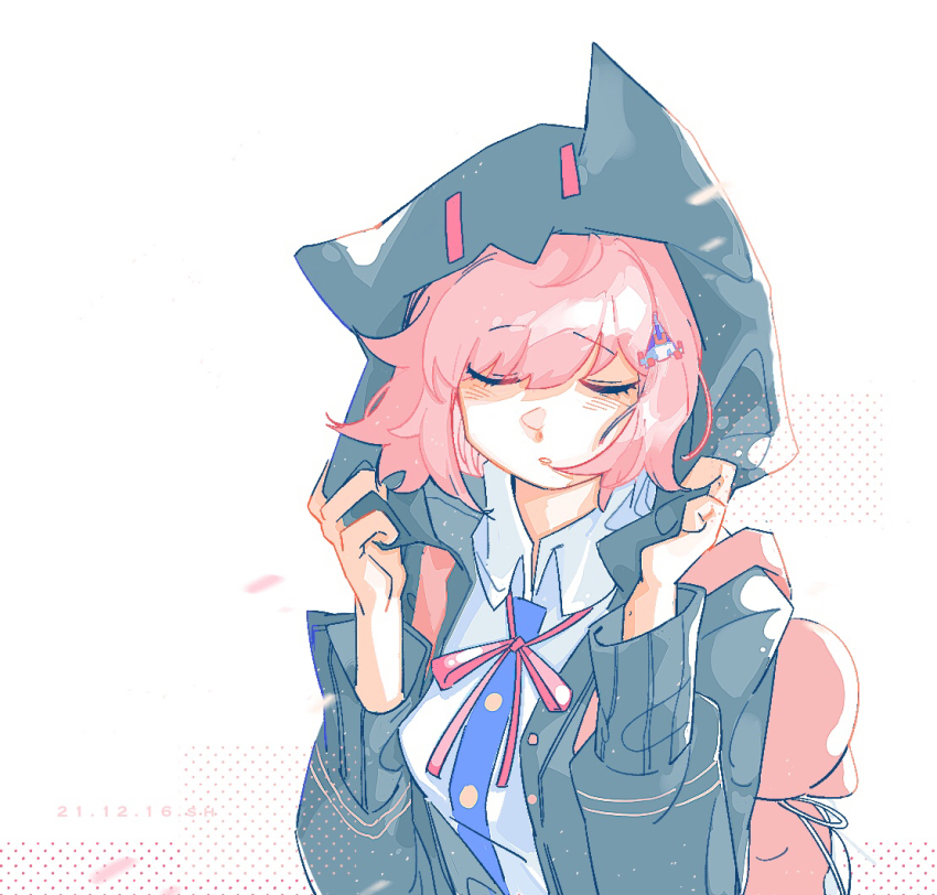 1girl, :o, animal_bag, backpack, bag, black_shirt, cat_bag, closed_eyes