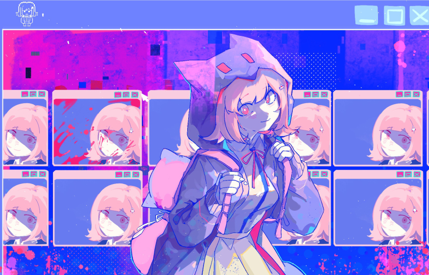 1girl, animal_bag, animal_ears, backpack, bag, black_shirt, blood, blood_on_face, blue_background, blush, brown_hair, brown_skirt, cat_bag, cat_ears, collared_shirt, cowboy_shot, danganronpa_(series), danganronpa_2:_goodbye_despair, fake_animal_ears, flipped_hair, hair_ornament, highres, holding_strap, hood, hood_up, jacket, leaning_forward, long_sleeves, monitor, multiple_views, nanami_chiaki, neck_ribbon, pink_background, pink_bag, pink_blood, pink_jacket, pink_ribbon, ribbon, shan_hou, shirt, shirt_tucked_in, skirt, smile, two-tone_shirt, white_shirt