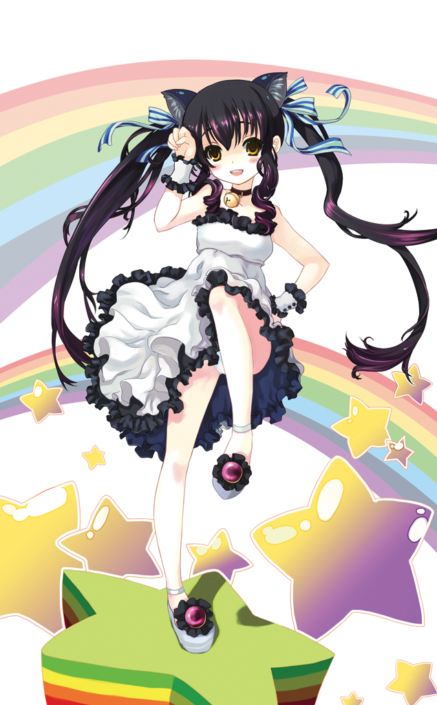 00s, 1girl, animal_ears, bell, blush, bow, brown_eyes, cat_ears