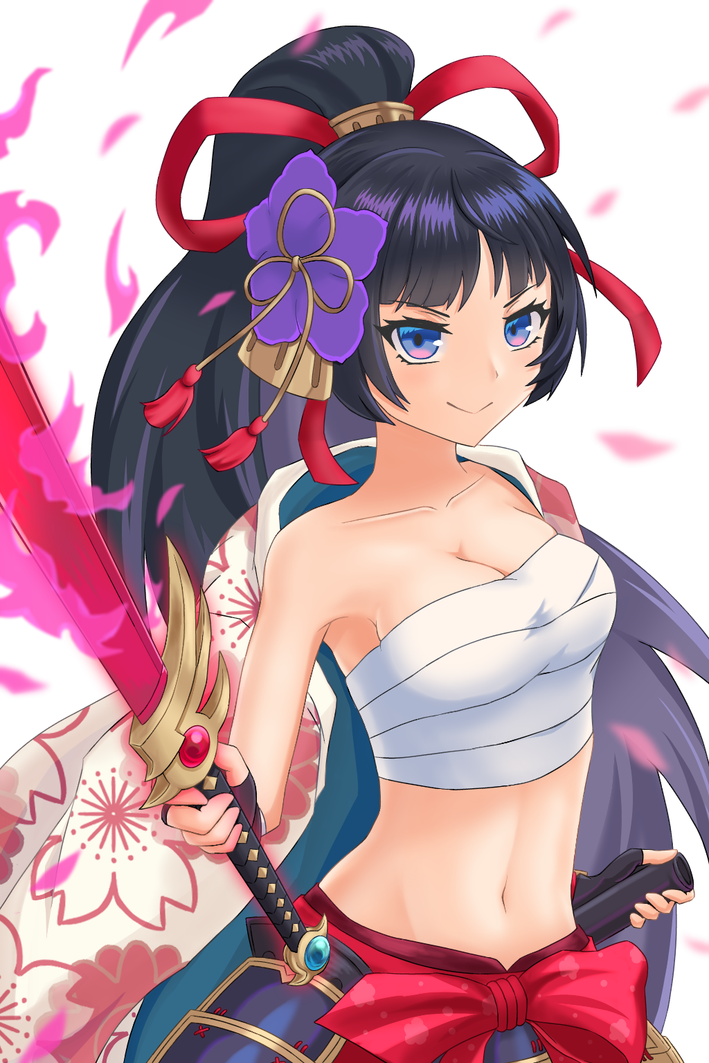 1girl, black_hair, blue_eyes, breasts, cleavage, guardian_tales, hair_ornament, highres