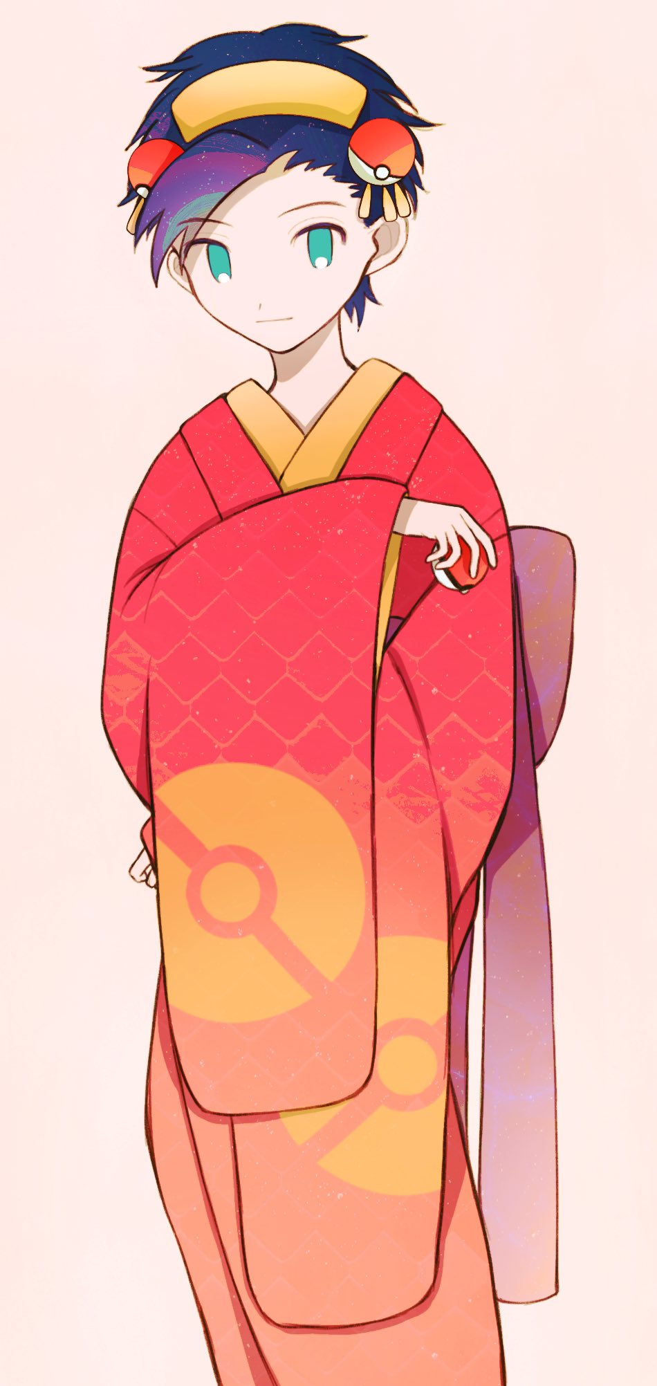 1boy, bad_id, bad_twitter_id, blue_hair, closed_mouth, commentary_request, cosplay, crossdressing, crossdressing_(mtf), ethan_(pokemon), green_eyes, hair_ornament, hand_up, highres, holding, holding_poke_ball, japanese_clothes, kimono, kimono_girl_(pokemon), kimono_girl_(pokemon)_(cosplay), looking_at_viewer, male_focus, nintendo, poke_ball, poke_ball_(basic), poke_ball_print, pokemon, pokemon_gold/silver/crystal, red_kimono, short_hair, smile, solo, umekobushi, wide_sleeves