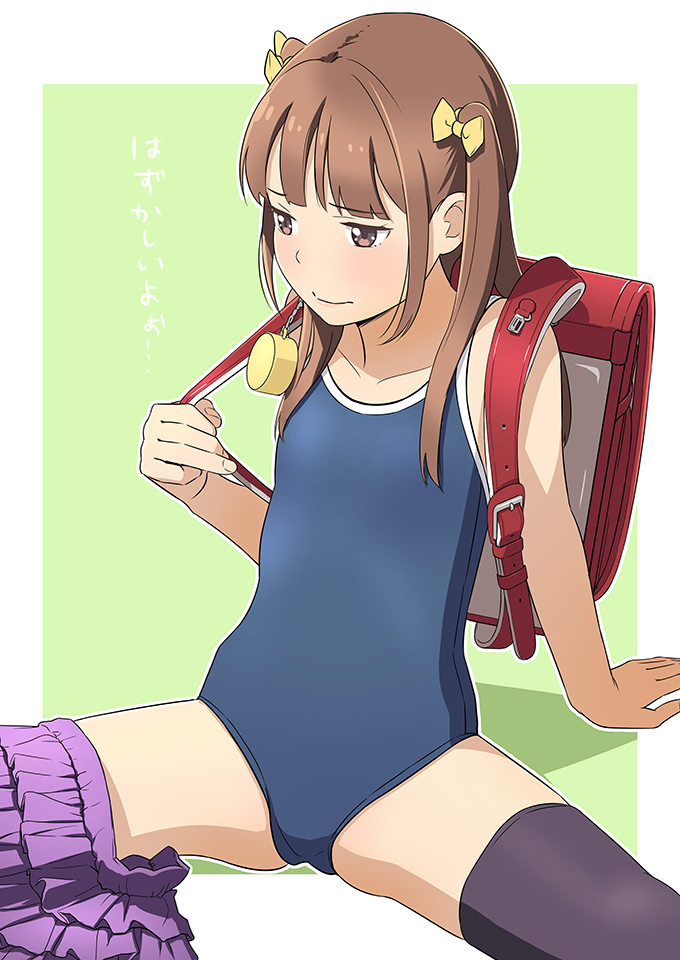 1girl, arm_support, backpack, bag, blue_one-piece_swimsuit, blush, bow, brown_hair