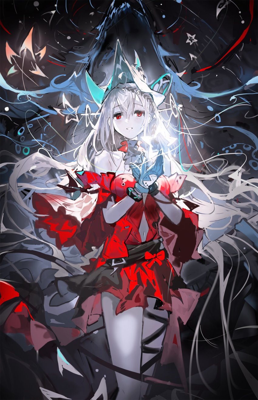 1girl, ahoge, alchemaniac, aqua_gloves, aqua_headwear, arknights, bare_shoulders, bow