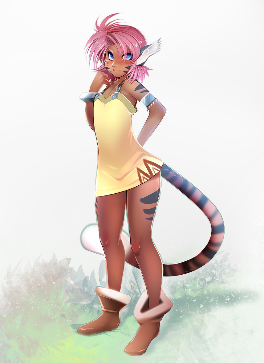 1girl, animal_ears, cat_girl, merle_(tenkuu_no_escaflowne), pink_hair, short_hair, tail, tenkuu_no_escaflowne