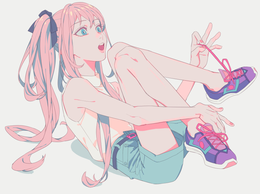 1boy, :o, absurdres, aburage_(motimotigg20), androgynous, bare_legs, bare_shoulders, belt, blue_eyes, denim, denim_shorts, from_side, hair_ribbon, highres, knees_up, legs_up, long_hair, lying, male_focus, midare_toushirou, nail_polish, on_back, open_mouth, pink_hair, ribbon, shoes, shorts, sleeveless, sleeveless_turtleneck, sneakers, solo, touken_ranbu, trap, turtleneck, twintails, tying_footwear