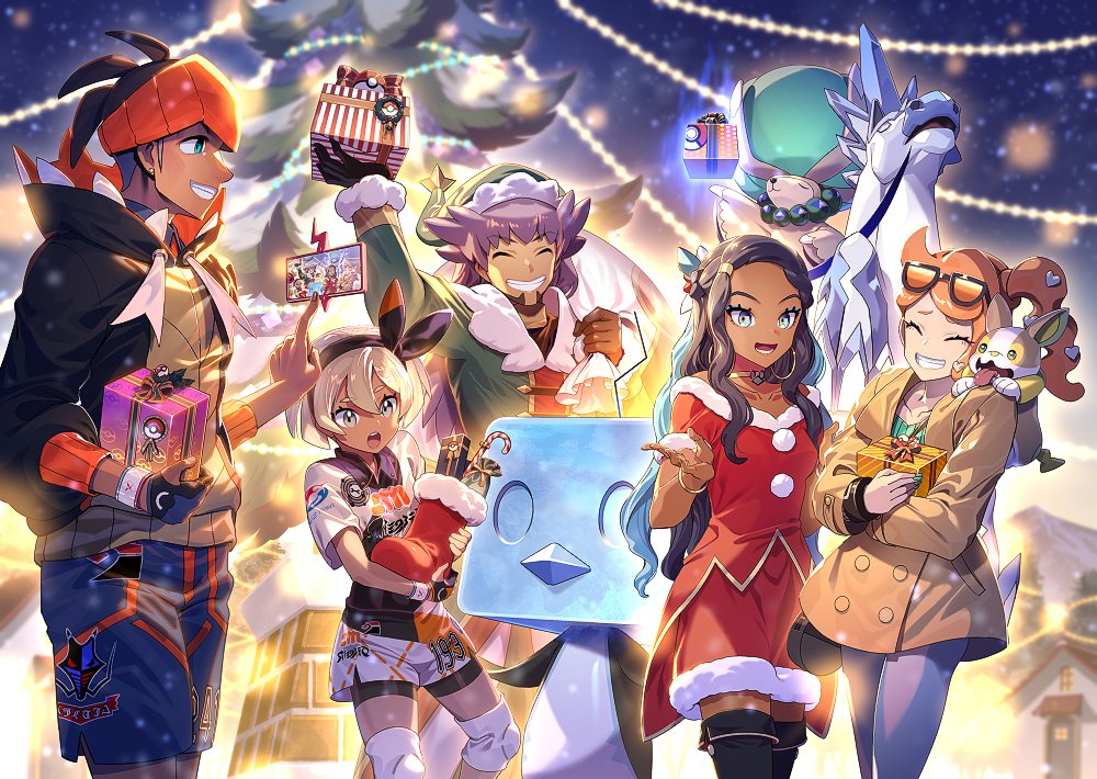 2boys, 3girls, arm_up, bea_(pokemon), black_bodysuit, black_hair, black_hairband, black_hoodie, blue_eyes, blue_eyeshadow, blue_hair, blurry, bodysuit, bodysuit_under_clothes, bow_hairband, box, bracelet, brown_coat, buttons, calyrex, calyrex_(rider), candy, candy_cane, christmas, christmas_tree, coat, collared_shirt, commentary_request, dark-skinned_female, dark-skinned_male, dark_skin, dress, dynamax_band, earrings, eiscue, eiscue_(ice), eyeshadow, eyewear_on_head, facial_hair, food, gen_4_pokemon, gen_8_pokemon, gift, gift_box, glastrier, gloves, green_headwear, green_nails, green_shirt, grey_eyes, grin, gym_leader, hair_between_eyes, hair_ornament, hairband, hat, headband, heart, heart_hair_ornament, high_side_ponytail, holding, hood, hoodie, jewelry, knee_pads, legendary_pokemon, leon_(holiday_2021)_(pokemon), leon_(pokemon), long_hair, makeup, multicolored_hair, multiple_boys, multiple_girls, nail_polish, nessa_(holiday_2021)_(pokemon), nessa_(pokemon), night, nintendo, official_alternate_costume, official_art, on_shoulder, open_mouth, orange_hair, orange_headband, outdoors, pants, partially_fingerless_gloves, pokemon, pokemon_(creature), pokemon_masters_ex, pokemon_on_shoulder, pokemon_sword_and_shield, print_shirt, print_shorts, purple_hair, raihan_(pokemon), ribbed_shirt, rotom, rotom_phone, santa_costume, santa_dress, santa_hat, shirt, short_hair, short_sleeves, shorts, side_ponytail, side_slit, side_slit_shorts, single_glove, sky, smile, sonia_(pokemon), star_(sky), sunglasses, teeth, thighhighs, tongue, two-tone_hair, undercut, upper_teeth_only, yamper, zounose