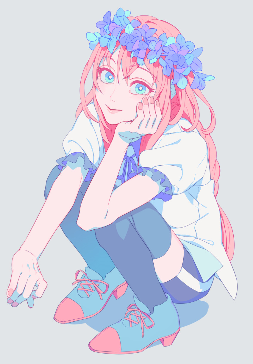 1boy, absurdres, aburage_(motimotigg20), androgynous, blue_eyes, blush, elbow_rest, from_above