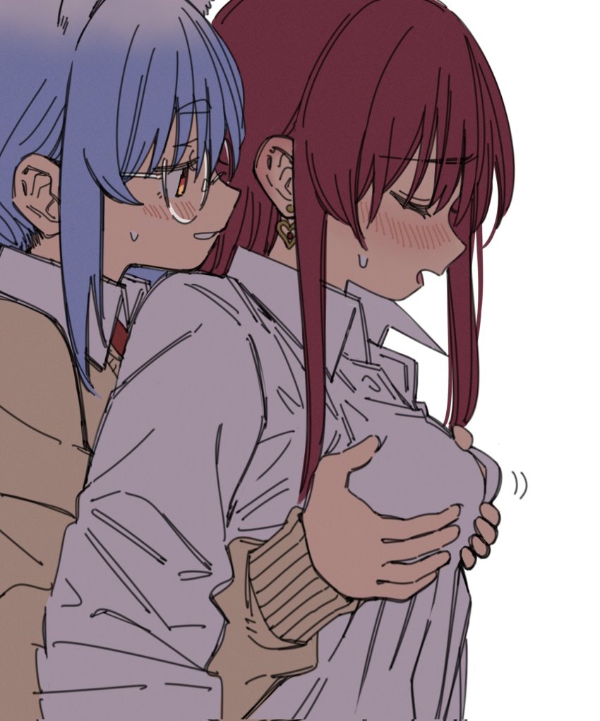 2girls, blue_hair, blush, earrings, from_behind, glasses, grabbing_another's_breast, groping, highres, hololive, homura_(hmr0222), houshou_marine, jewelry, multiple_girls, red_hair, shirt, sweat, sweater, usada_pekora, virtual_youtuber, yellow_eyes, yuri