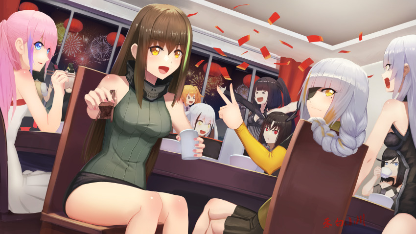 >_<, 6+girls, absurdres, anti-rain_(girls'_frontline), architect_(girls'_frontline), banana_(girls'_frontline), chopsticks, commentary_request