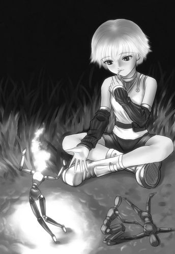 1girl, 3others, bike_shorts, crossed_ankles, crossed_legs, dancing, detached_sleeves, doll, figure, fire, full_body, greyscale, indian_style, lowres, lying, monochrome, multiple_others, on_back, on_fire, on_floor, on_ground, poking, s_zenith_lee, short_hair, shorts, sitting, squatting, standing, tagme