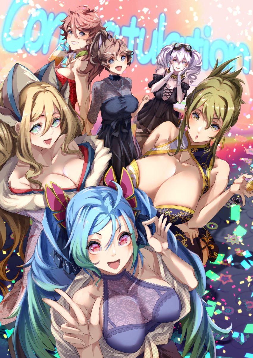 6+girls, absurdres, alternate_costume, amari_aquamarine, az_sainklaus, beer_mug, black_dress, blue_hair, blush, breasts, brown_hair, china_dress, chinese_clothes, cleavage, cup, dress, hair_behind_ear, hair_between_eyes, hands_on_own_face, head_tilt, highres, holding, holding_cup, japanese_clothes, kimono, kisaragi_chitose, large_breasts, looking_at_viewer, medium_breasts, mug, multiple_girls, nine_(super_robot_wars), off_shoulder, ok_sign, parted_lips, pink_eyes, pink_hair, ponytail, purple_eyes, ramy_amasaki, red_dress, red_hair, sakurai_sagiri, sakusakusakurai, silver_hair, smile, super_robot_wars, super_robot_wars_30, super_robot_wars_t, super_robot_wars_v, super_robot_wars_x, twintails, two-tone_dress, v, v-shaped_eyebrows, white_dress