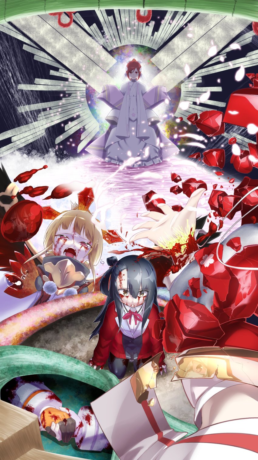 absurdres, black_hair, black_legwear, blonde_hair, blood, blood_on_face, bloody_tears, brown_eyes