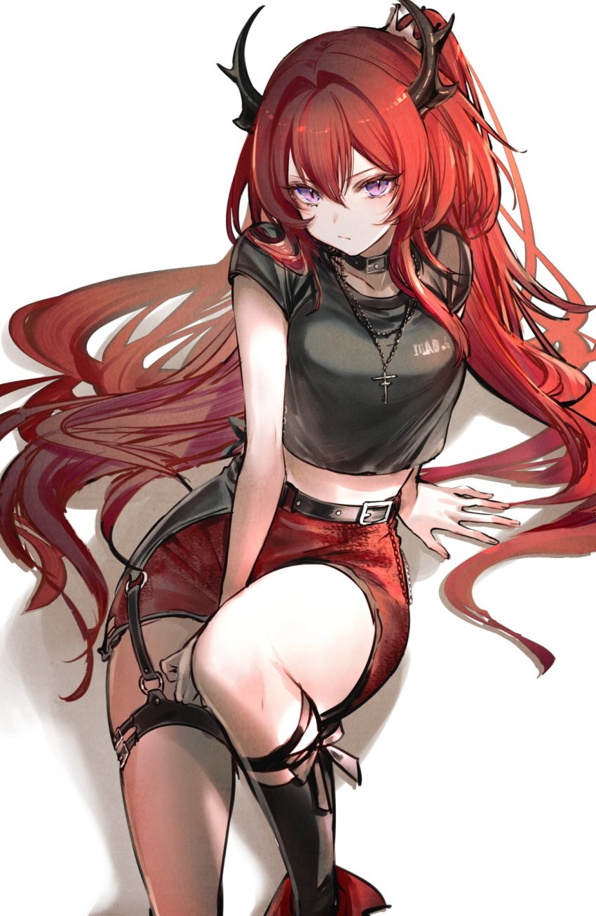 1girl, arknights, arm_support, bad_id, bad_twitter_id, bare_arms, belt, black_choker