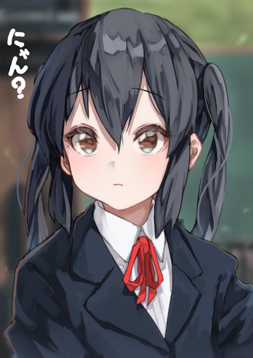 1girl, absurdres, black_hair, blurry, blurry_background, brown_eyes, highres, k-on!