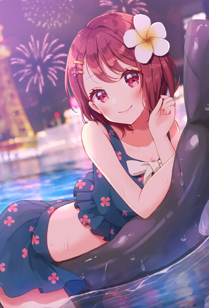 1girl, absurdres, aerial_fireworks, air_mattress, bare_shoulders, bikini, bikini_skirt, blue_bikini, blurry, blurry_background, bow, bow_bikini, breasts, brown_hair, cleavage, close-up, closed_mouth, collarbone, commentary, depth_of_field, fireworks, floral_print, flower, flower_request, flower_symbol, from_side, hair_flower, hair_ornament, hairclip, half-closed_eyes, hanadera_nodoka, healin'_good_precure, highres, hiiragi_syuu, lens_flare, looking_at_viewer, looking_to_the_side, lying, medium_breasts, medium_hair, midriff, night, on_stomach, partially_submerged, pink_eyes, pink_lips, pool, precure, reflection, reflective_liquid, sky, smile, solo, swimsuit, twitter_username, water, wet, white_bow