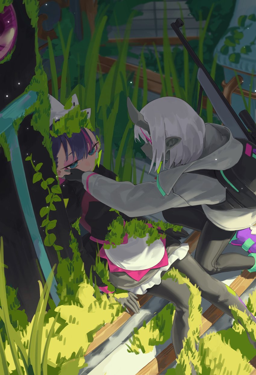 2girls, absurdres, android, apron, aqua_eyes, backpack, bag, colored_skin