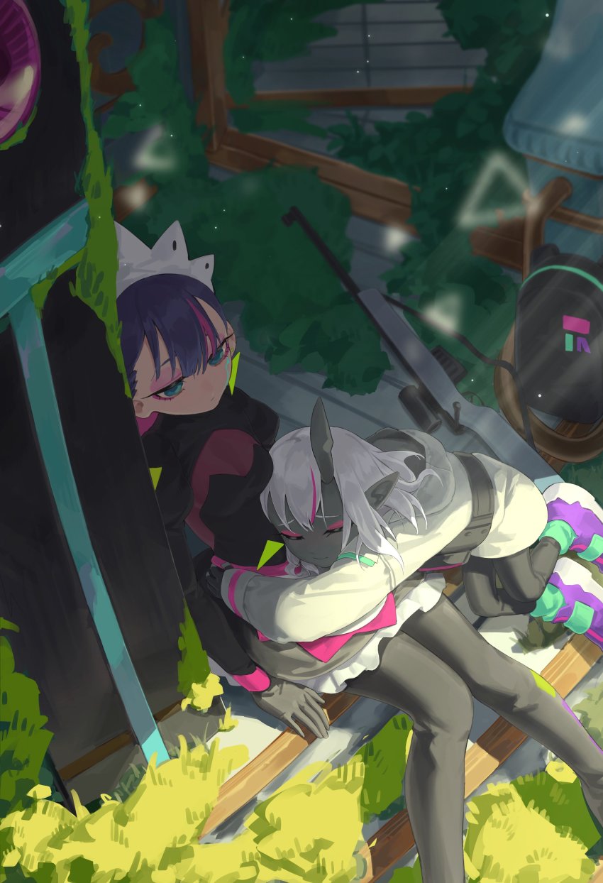 2girls, absurdres, android, aqua_eyes, colored_skin, commentary_request, earrings, closed_eyes