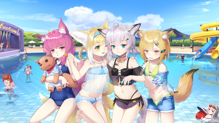 6+girls, absurdres, ahoge, angelina_(arknights), angelina_(summer_flower)_(arknights), animal_ear_fluff, animal_ears, ansel_(arknights)