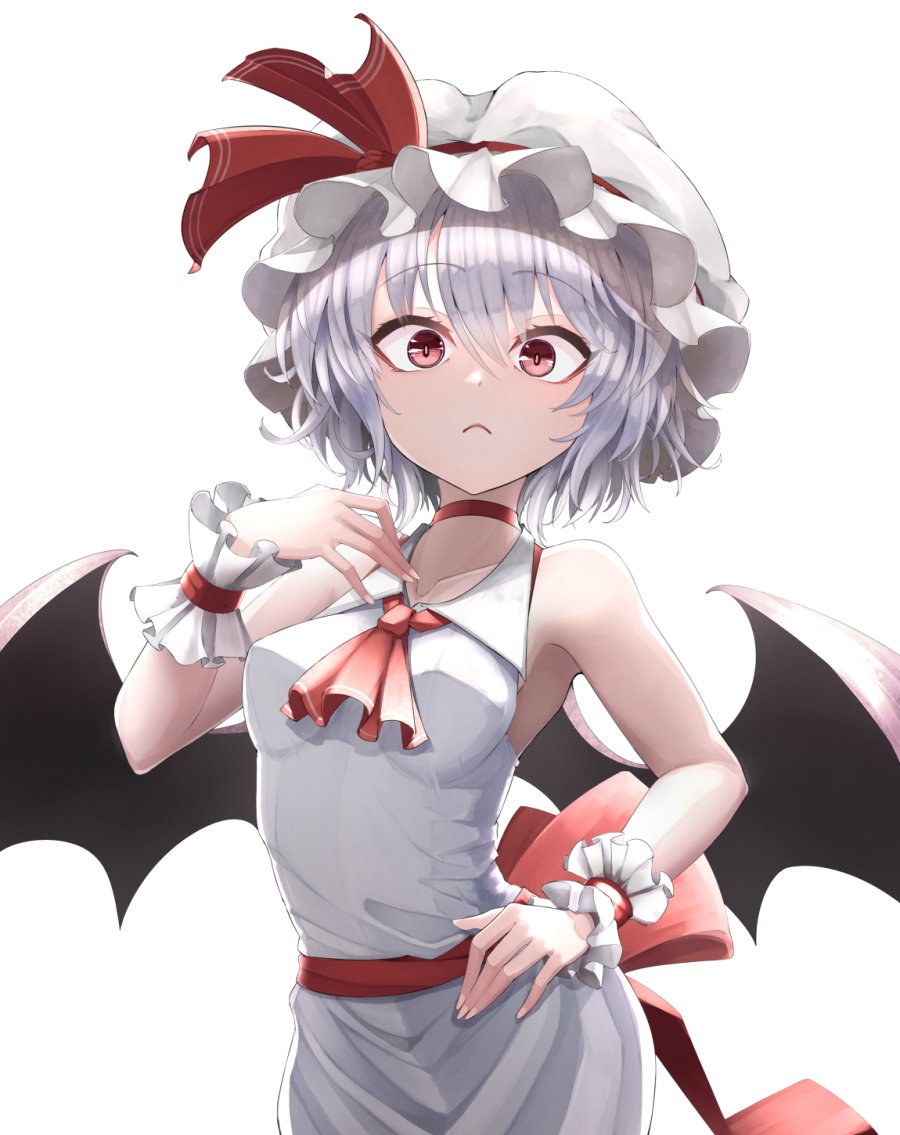 1girl, :<, armpit_peek, ascot, bat_wings, blue_hair, bow, choker