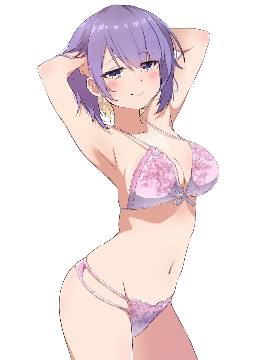 1girl, absurdres, blonde_hair, bra, breasts, gradient_hair, hands_in_own_hair, highres, hololive, hololive_indonesia, large_breasts, midoku_(itijikusakura), moona_hoshinova, multicolored_hair, navel, panties, pink_bra, pink_panties, purple_eyes, purple_hair, short_hair, simple_background, smile, underwear, underwear_only, virtual_youtuber, white_background