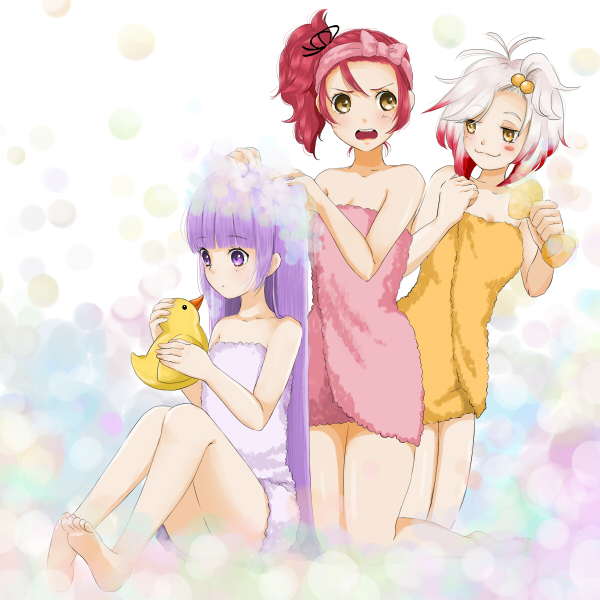 3girls, bad_id, bad_pixiv_id, bare_shoulders, barefoot, bird, blush, cheria_barnes, duck, feet, kneeling, long_hair, multicolored_hair, multiple_girls, naked_towel, pascal_(tales), purple_eyes, purple_hair, red_hair, short_hair, sitting, smile, soles, sophie_(tales), tales_of_(series), tales_of_graces, toes, towel, two-tone_hair, white_hair, yasuu!, yellow_eyes, yuri