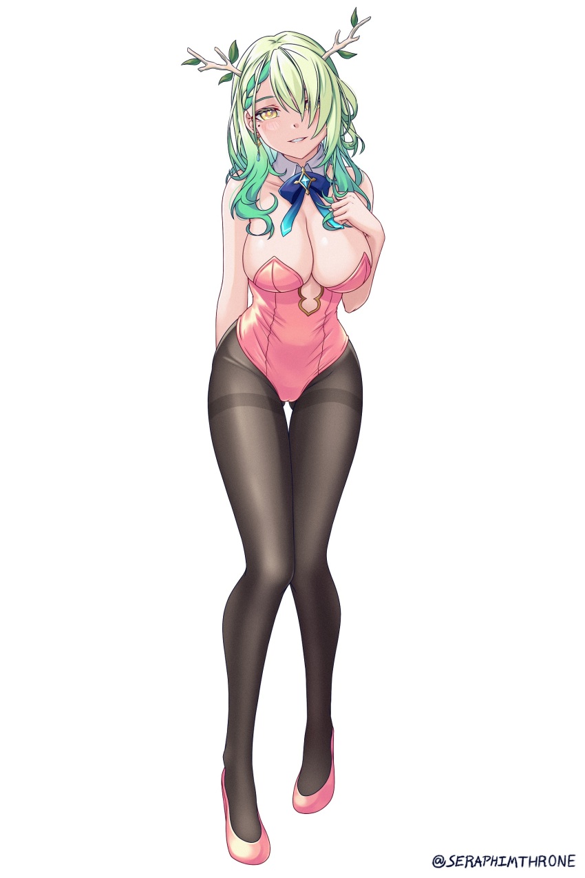 1girl, absurdres, antlers, arm_behind_back, bare_arms, bare_shoulders, black_pantyhose, blue_ribbon